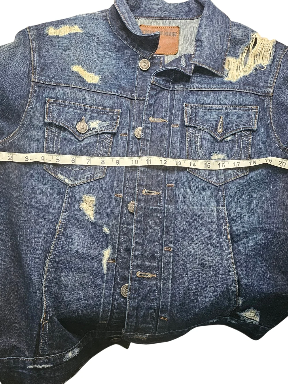 True Religion Mens Dylan Jacket SE Denim Trucker Distressed Dark Wash Blue Sz XL